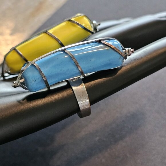 Southwest Turquoise Serpentine Rings Wire Wrapped Adjustable Ceramic Handmade - Picture 2 of 14